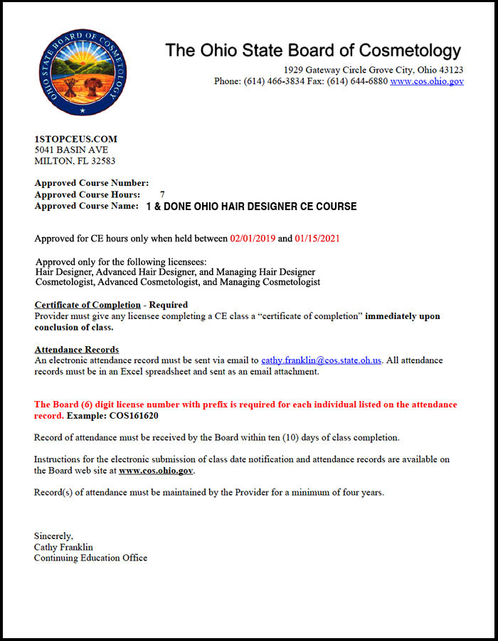 Ohio State Board of Cosmetology Course Approval Letter