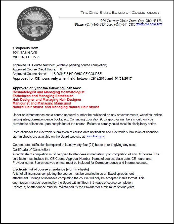 Ohio State Board Of Cosmetology Approval Letter Crs01
