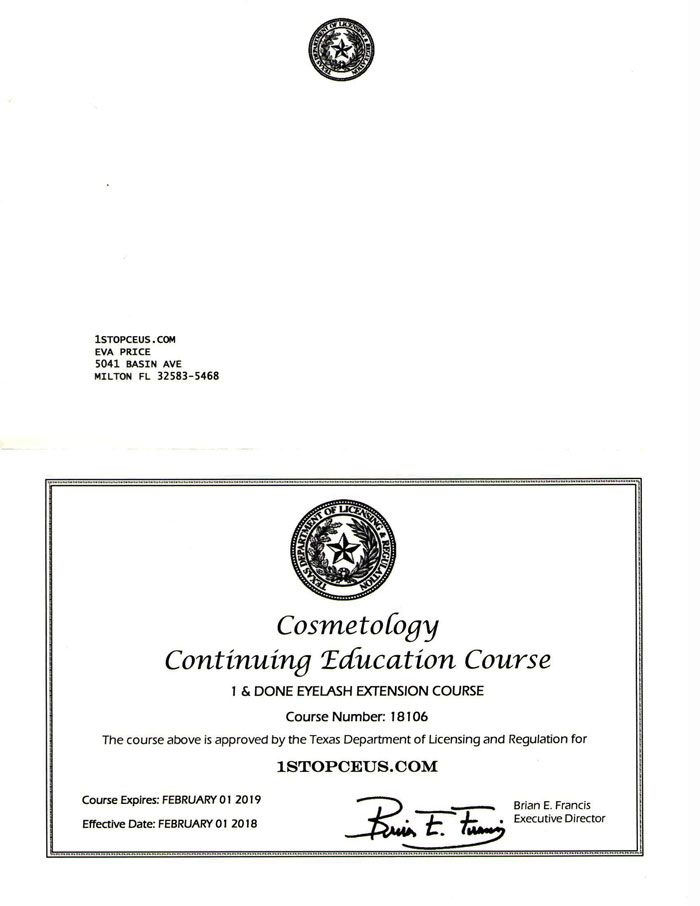Texas State Board of Cosmetology Course Approval Letter 4-hour Eyelash Extension Specialist Continuing Education Course